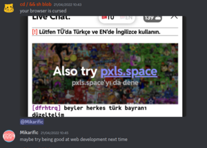 BlobKat showing a screen shot of the rplace livechat with an ad for pxls.space, containing a Turkish message. Mika replies "Maybe try being good at web development next time"