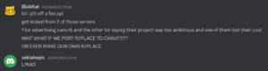 Discord DMs screenshot of BlobKat telling zekiahepic he has an idea for a reddit r/place clone